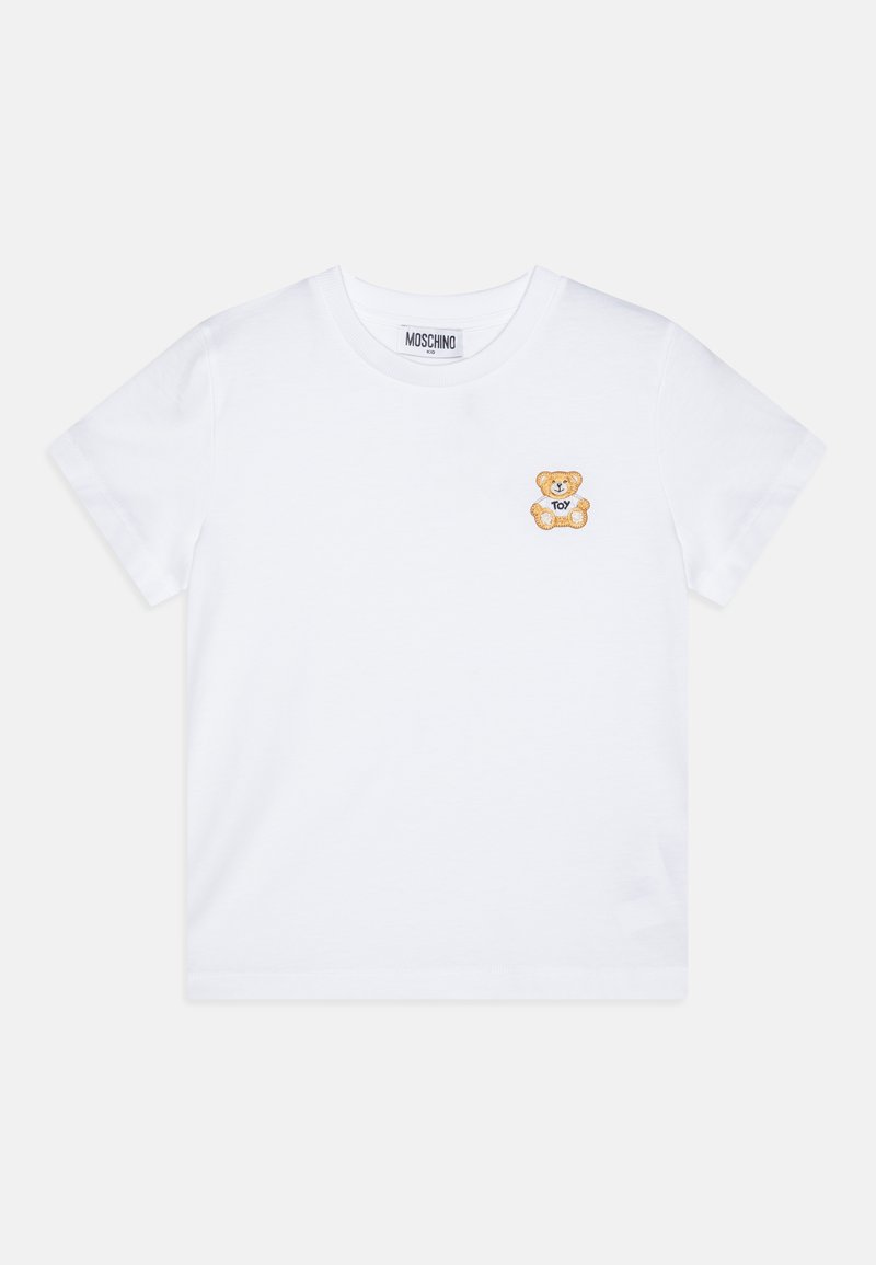 White cotton t-shirt featuring a small embroidered teddy bear design on the left chest, round neck, and short sleeves.