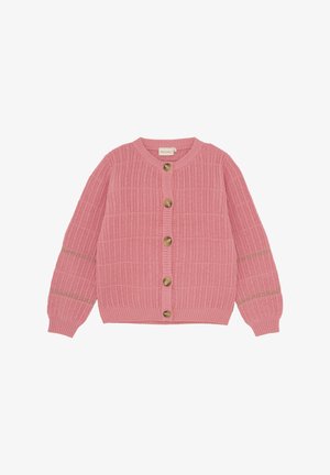 Rosa strikket cardigan med et teksturert mønster, rund hals og gullfargede knapper. Lange ermer med horisontale gullakenter.
