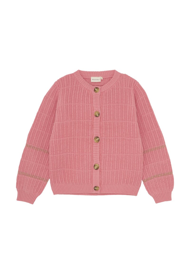 Rosa stickad cardigan med ett texturerat mönster, rund halsringning och guldtonade knappar. Långa ärmar med horisontella guldaccenter.