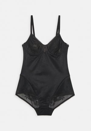 Bodysuit noir en tissu lisse avec un motif floral, bretelles ajustables et accents en mesh au niveau des jambes. Doté d'une bordure en dentelle le long de l'encolure.