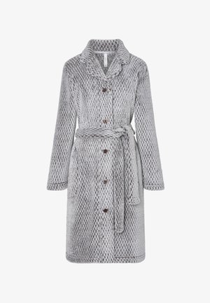 Bata de punto gris con una textura suave, que presenta un collar, mangas largas, cierre de botones en la parte delantera y un cinturón de lazo a juego.