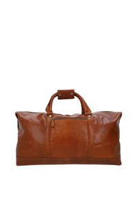 Große braune Lederreisetasche mit zwei Griffen und vorderer Reißverschlusstasche auf weißem Hintergrund.
