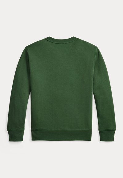 Mörkgrön sweatshirt, långärmad, rund halsringning, slät textur, ribbade muddar och fåll, minimala sömndetaljer, inga tryck eller dekorationer.