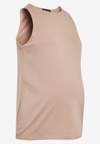 Débardeur d'allaitement en tissu beige doux et extensible. Il présente un col rond et un design sans manches, avec des panneaux latéraux pour une coupe décontractée.