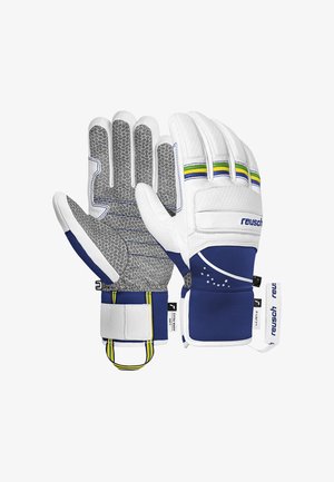 Guantes de portero con cuero sintético blanco y palma texturizada en gris. Acentos en azul y diseño de rayas distintivas en la muñeca.