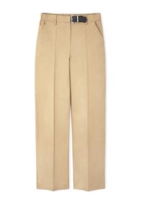 Pantalones beige con un diseño de pierna recta, con una cinturilla elástica, pasadores para cinturón y bolsillos delanteros. Tejido suave con pliegues.