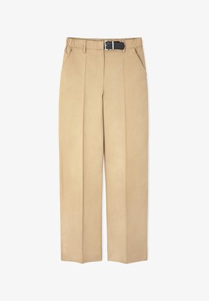 Beige trousers with a straight leg design, featuring an elastic waistband, belt loops, and front pockets. Smooth fabric with creases.