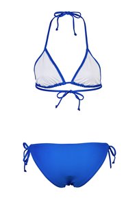 Blue and white bikini set featuring a triangle top with ties and matching low-rise bottoms with side ties, made from soft, stretch fabric.