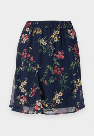 Bloemrok met een elastische tailleband, voorzien van een marineblauwe achtergrond versierd met rode, gele en groene bloemenpatronen. Lichtgewicht stof.