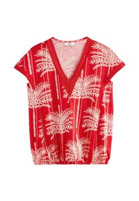 Top corto rojo de manga corta con escote en V, presenta patrones de palmeras blancas y dobladillo fruncido. Fabricado con una tela suave y acentos de encaje.