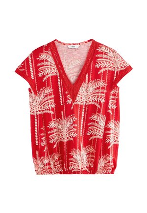 Rood T-shirt met korte mouwen en een V-hals, voorzien van witte palmbomenpatronen en een gathered zoom. Gemaakt van zachte stof met kantaccenten.