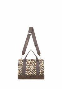 Borsa con stampa leopardo e dettagli marroni, corpo in tessuto, doppi manici e tracolla regolabile. Presenta una texture liscia e un design robusto.