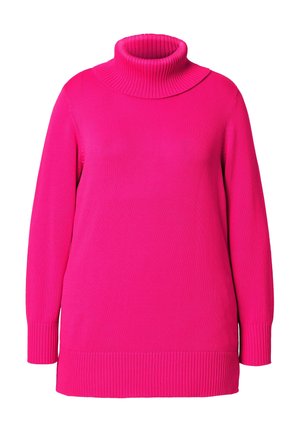 Pull à col roulé fuchsia avec une texture côtelée, des manches longues et une coupe décontractée, doté d'une large bordure côtelée à l'ourlet et au col.