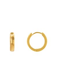 Goldene Creolen mit gebürsteter Textur, die ein elegantes, abgerundetes Design und einen Klappverschluss für einfaches Tragen aufweisen.