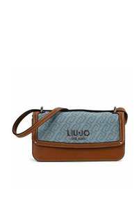 Borsa a tracolla in pelle marrone e tessuto azzurro chiaro con logo, caratterizzata da un design strutturato, tracolla e cuciture bianche a contrasto.