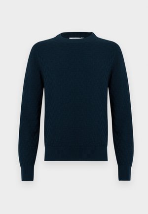 Strickpullover in Dunkelblau mit strukturiertem Muster. Rundhalsausschnitt, lange Ärmel und gerippte Bündchen und Saum. Weiches Material mit einem gemütlichen Aussehen.