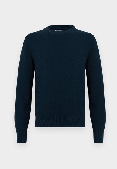 Strickpullover in Dunkelblau mit strukturiertem Muster. Rundhalsausschnitt, lange Ärmel und gerippte Bündchen und Saum. Weiches Material mit einem gemütlichen Aussehen.