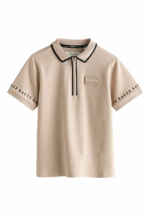 Beiges Poloshirt aus Baumwolle mit Reißverschluss am Kragen, kurzen Ärmeln und besticktem "BAKER"-Schriftzug auf den Ärmeln. Schwarze Akzente.