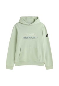 Sudadera verde menta con bolsillo tipo canguro, capucha ajustable con cordón y texto bordado: "PORQUE NO HAY UN PLANETA B."