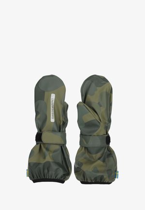 Rękawice w kamuflażowy wzór w odcieniach zieleni i szarości, z rzepem i metką na nadgarstku. Wykonane z wodoodpornego materiału.