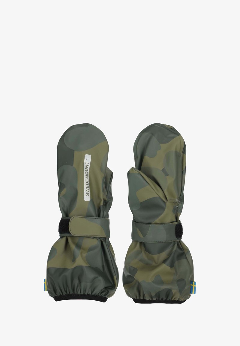 Tarnmuster-Handschuhe in Grüntönen und Grau, ausgestattet mit einem Klettverschluss und einem Etikett am Handgelenk. Wasserdichtes Material.