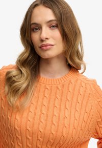 Orangener, cable-knit Pullover mit einem gerippten Rundhalsausschnitt. Die Textur weist erhabene Muster auf und bietet einen lockeren Schnitt für zusätzlichen Komfort.