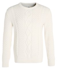 Pull à manches longues en maille torsadée blanche avec motifs en losange et tressés, col rond côtelé, poignets et ourlet côtelés.