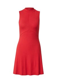 Rotes ärmelloses Kleid aus geripptem Stoff, mit hohem Ausschnitt und einem ausgestellten Rockdesign sowie einer figurbetonten oberen Partie.