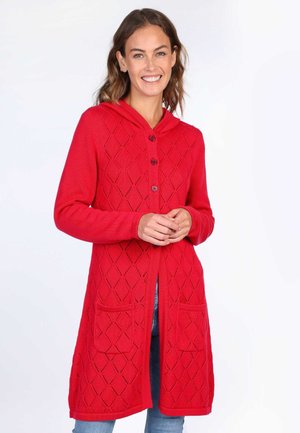 Red knitted cardigan with a hood, button closure, and diamond pattern. Features two front pockets and a relaxed fit.