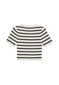 Top a maglia accorciato con maniche corte, caratterizzato da righe orizzontali bianche e nere e scollatura rotonda. Il tessuto ha una texture liscia.