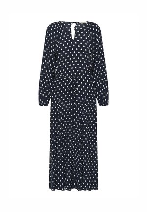 Navy blue polka dot dress with long sleeves, V-neckline, and a tied waist detail. Made of a lightweight fabric with a smooth texture.
