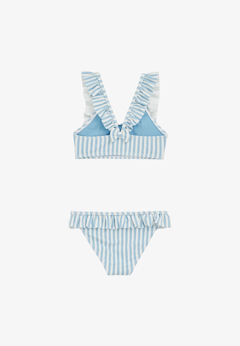 Črtast modri bikin komplet z nagubanimi detajli. Zgornji del ima globok izrez na hrbtni strani in pentljo, medtem ko ima spodnji del nabran rob.