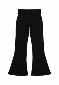 Črne široke hlače iz teksturirane tkanine, z oprijetim pasom in širokim razširjenjem na dnu, razprostrte na beli podlagi.