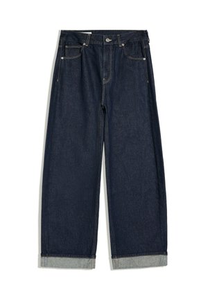 Mørkeblå jeans med vide ben og opsmøg, fem lommer og knaplukning i taljen, lagt fladt på hvid baggrund.