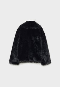 Black faux fur jacket with a high collar, long sleeves, and a soft, shaggy texture. Features a relaxed fit and a smooth interior lining.