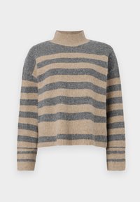 Stripet strikkegenser som har grå og beige farger, høy hals, brede mansjetter og en avslappet passform med kort design.