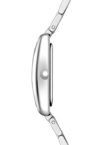 Hõbedane metallkäekell, millel on sile, ümar ja ristkülikukujuline kuju, sile pind ja nupuvajutus. Toode sisaldab omavahel seotud metallrihma.