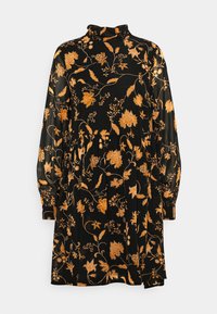 Svart blommig klänning med långa ärmar, prydd med orange blomster mönster och hög krage. Tillverkad av ett glatt, lätt tyg.