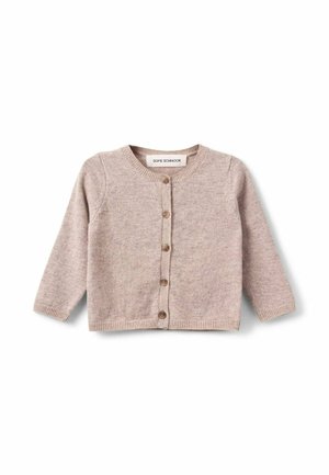 Cardigan tricoté beige clair pour tout-petit, manches longues, avec cinq boutons marron sur le devant sur fond blanc.