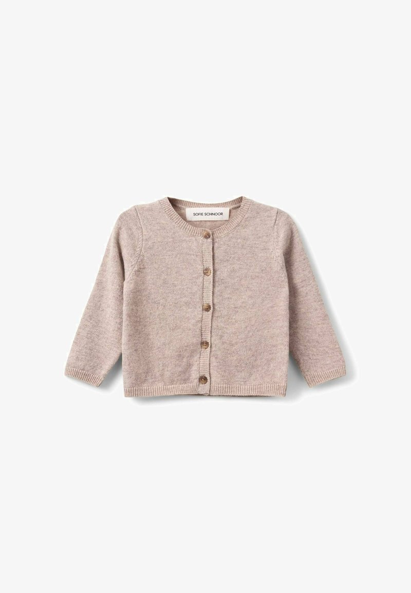 Cardigan tricoté beige clair pour tout-petit, manches longues, avec cinq boutons marron sur le devant sur fond blanc.