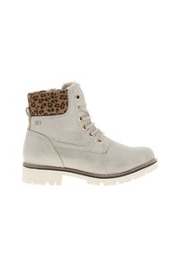 Bottes coupe-cheville beiges avec une finition texturée, col en imprimé léopard, lacets et semelle en caoutchouc blanc. Comprend des œillets en métal et un marquage.