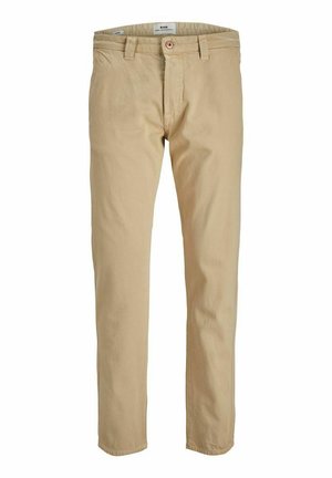 Heledad beežid puuvillased püksid sirge lõikega, millel on esine nööbid, vööloopide ja küljetaskud. Sile, tekstuurita kangas.