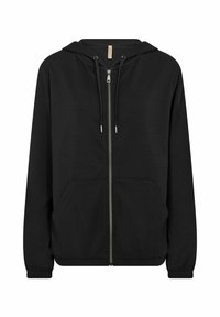 Černá mikina na zip vyrobená z bavlněné směsi. Obsahuje kapuci se stahovací šňůrkou, dvě přední kapsy, žebrované manžety a lem. Hladká textura.