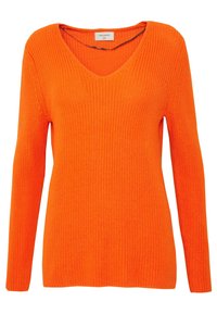 V-Ausschnitt orangefarbenes Strickpullover mit langen Ärmeln, strukturiertem Design und lässigem Schnitt. Etikett sichtbar im Nacken.