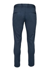 Marineblaue, eng anliegende Hose aus glattem Stoff, mit zwei Gesäßtaschen und einem standardmäßigen Bund mit Gürtelschlaufen.