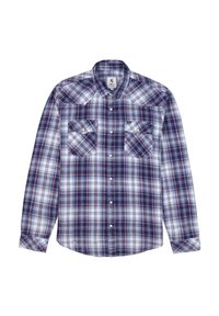 Camisa de cuadros de manga larga en azul, blanco y rojo. Presenta dos bolsillos frontales y un cuello abotonado con dobladillo curvado.