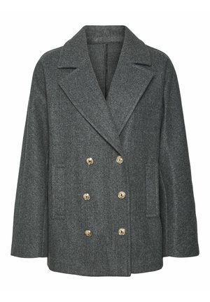 Szary wełniany płaszcz peacoat z podwójnym zapięciem, dużymi klapami, dwoma bocznymi kieszeniami i złotymi guzikami. Gładka tekstura i dopasowany krój.