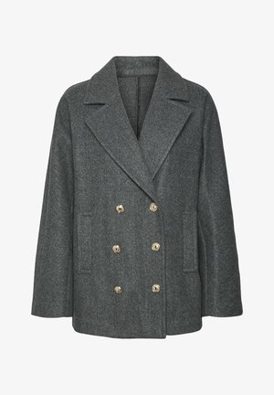 Palton gri din lână, cu un design cu două rânduri de nasturi, cu rever mari, două buzunare laterale și nasturi aurii. Textură netedă, cu o croială ajustată.