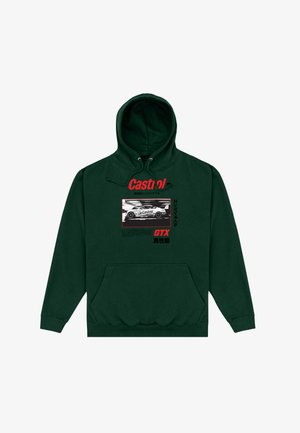 Sweat à capuche vert foncé avec texte rouge "Castrol", graphique de voiture de course en noir et blanc, ainsi que texte supplémentaire en japonais et "GTX" sur le devant.