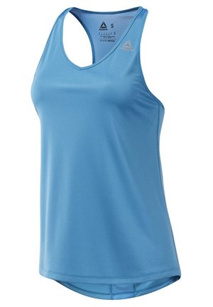Camiseta deportiva sin mangas Reebok en azul claro con diseño racerback y panel de malla en el interior del cuello, talla pequeña.